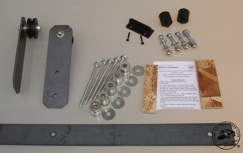 Barn Door Hardware - Rlp Flat Track Unfinished Bare Steel kit components