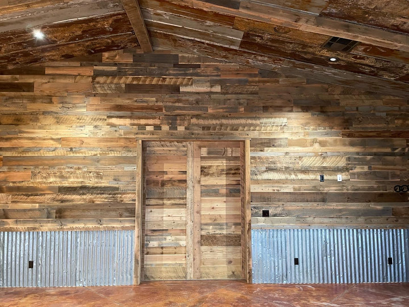 idaho barnwood blend accent wall paneling and old rusty galvanized metal