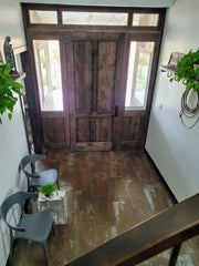 Custom entry system with two antiqued glass side lights and transom.