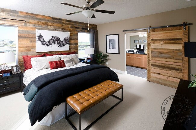idaho barnwood blend in sliding door and feature wall paneling