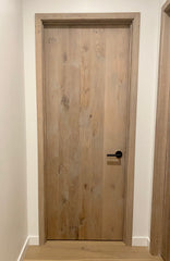 Vertical planks, reclaimed white oak, contemporary door, white tint natural rubio monocoat finish