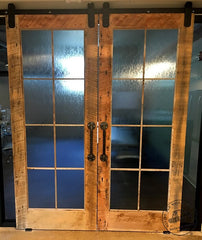 pair sliding barn door and decorative obscure glass