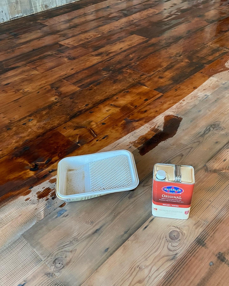 Waterlox tung oil wood floor finish on reclaimed flooring