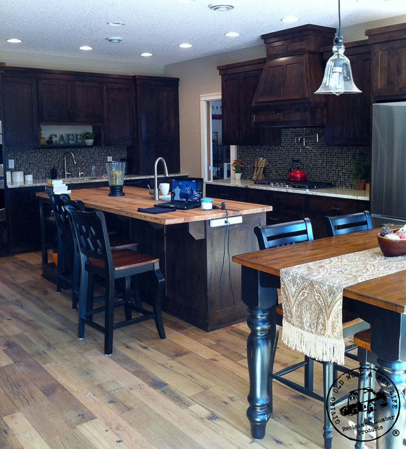 Mixed reclaimed Oak floor and kitchen island