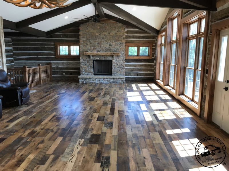 great room fireplace reclaimed hardwoods floor