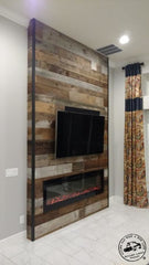 antique textured barn wood wall planks fireplace accent